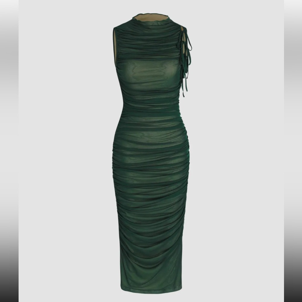 Cider: MESH RUCHED HIGH NECK MIDI DRESS